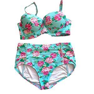 Betsey Johnson Garden Rose Print Bikini Size Medium Removable Straps Aqua Blue